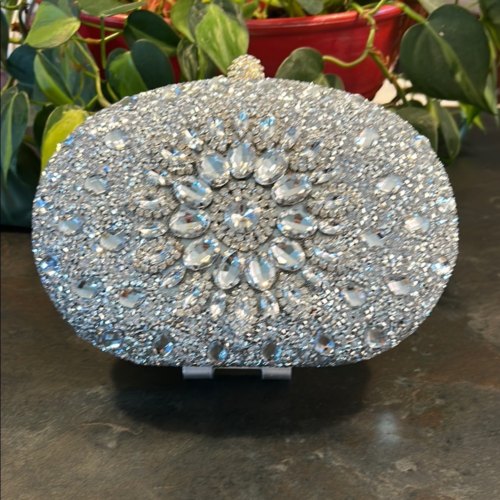 Gregory Ladner Silver Crystal Embellished Clutch New